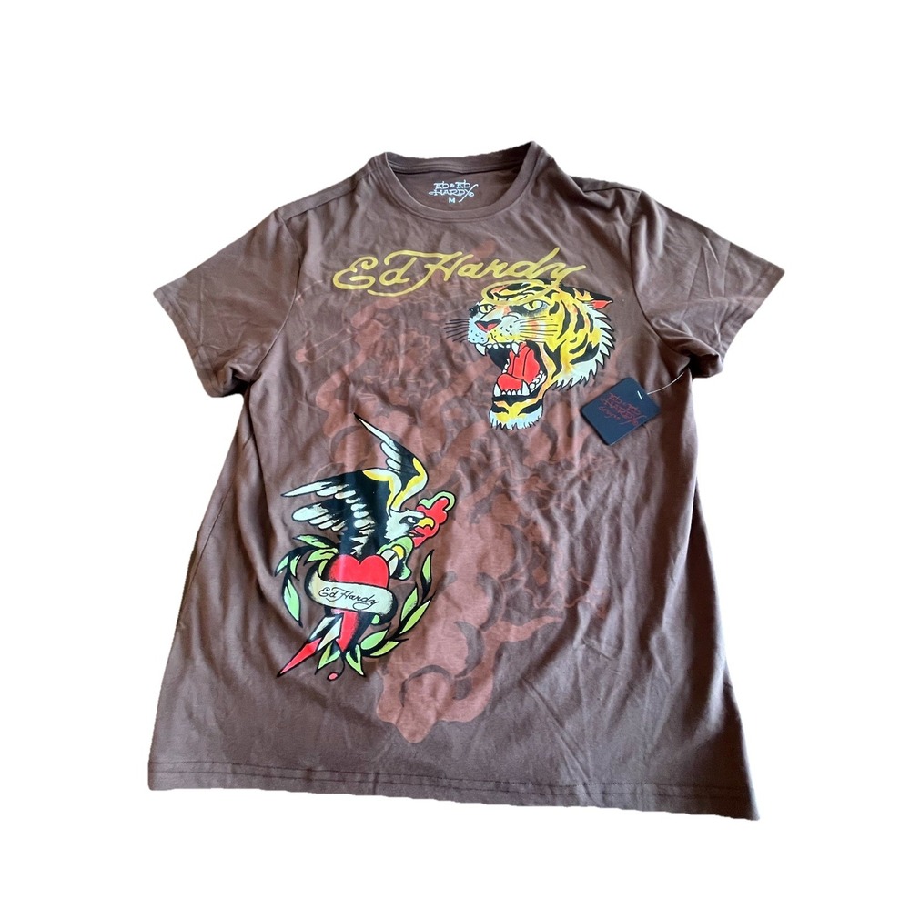 Ed Hardy T Shirt Mens Medium M Brown Cocoa Tiger‎ Eagle Tattoo Y2K Oldschool NWT